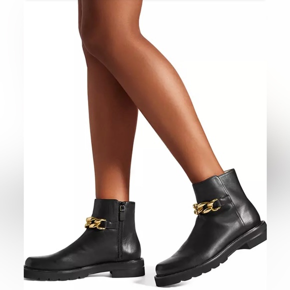 New Stuart Weitzman Black Boots Metal Chain 7.5 Lift Bootie - Picture 1 of 10
